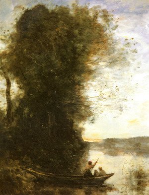 Jean-Baptiste-Camille Corot - Le Batelier Quittant La Rive Avec Une Femme Et Un Enfant Assis Dans Sa Barque, Soleil Couchant