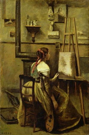 Jean-Baptiste-Camille Corot - The Studio of Corot, or Young woman seated before an Easel, 1868-70