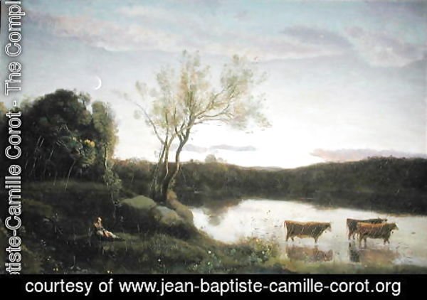 Jean-Baptiste-Camille Corot - A Pond with three Cows and a Crescent Moon, c.1850