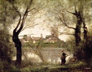 Jean-Baptiste-Camille Corot - View of the Town and Cathedral of Mantes Through the Trees, Evening