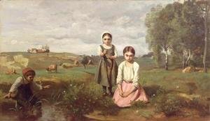 Children beside a brook in the countryside, Lormes