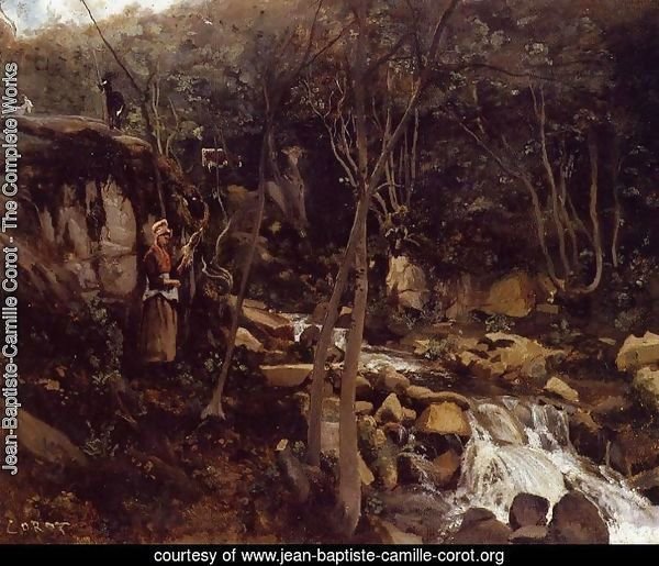 Lormes - A Waterfall with a Standing Peasant, Spinning Wool