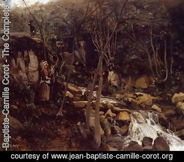 Jean-Baptiste-Camille Corot - Lormes - A Waterfall with a Standing Peasant, Spinning Wool