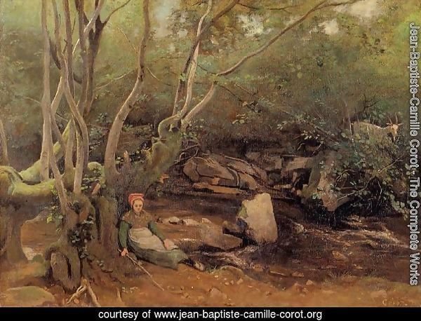 Lormes - Shepherdess Sitting under Trees beside a Stream