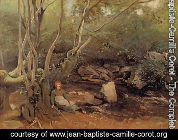 Jean-Baptiste-Camille Corot - Lormes - Shepherdess Sitting under Trees beside a Stream