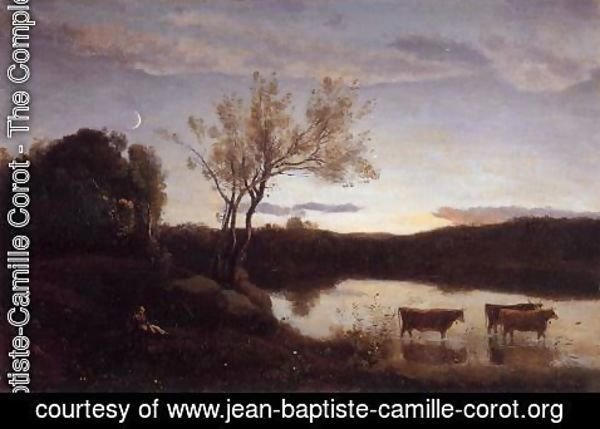 Jean-Baptiste-Camille Corot - Pond with Three Cows and a Crescent Moon