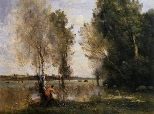 Jean-Baptiste-Camille Corot - Woman Picking Flowers in a Pasture