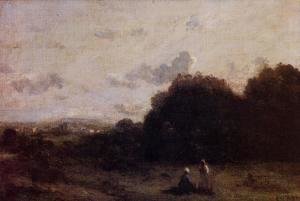Jean-Baptiste-Camille Corot - Fields with a Village on the Horizon, Two Figures in the Foreground