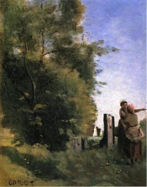 Jean-Baptiste-Camille Corot - Two Women Talking by a Gate