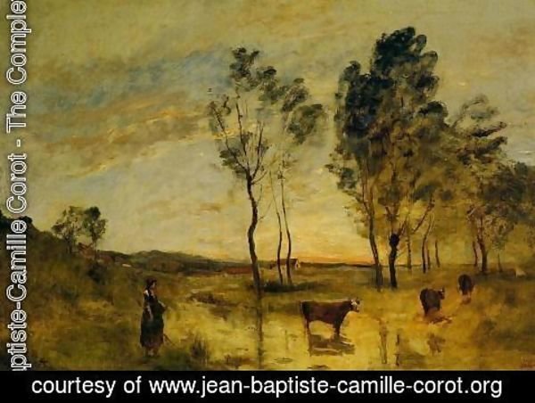 Jean-Baptiste-Camille Corot - Le Gue (aka Cows on the Banks of the Gue) 1870-1875