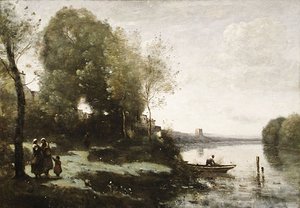 Jean-Baptiste-Camille Corot - River with a Distant Tower 1865