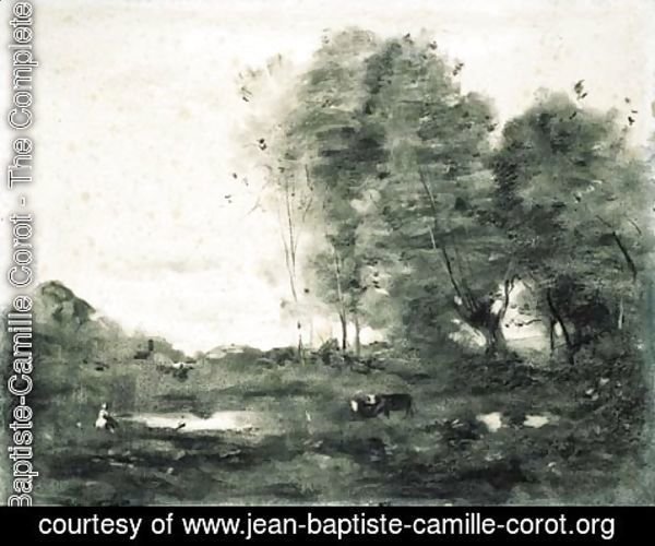 Jean-Baptiste-Camille Corot - An extensive wooded landscape with cows
