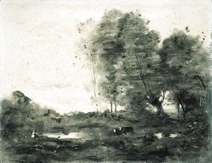 An extensive wooded landscape with cows