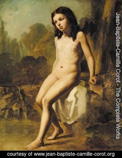 Jean-Baptiste-Camille Corot - A female nude in a rocky landscape