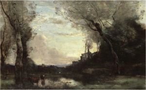 Jean-Baptiste-Camille Corot - La Mare Aux Vaches A La Tombee Du Jour