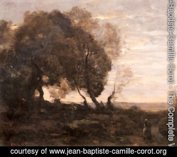 Jean-Baptiste-Camille Corot - Twisted Trees on a Ridge (Sunset)
