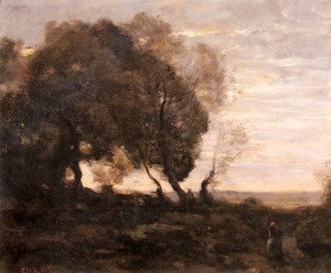Jean-Baptiste-Camille Corot - Twisted Trees on a Ridge (Sunset)