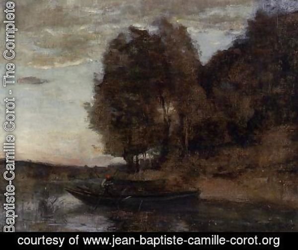 Jean-Baptiste-Camille Corot - Fisherman Boating along a Wooded Landscape