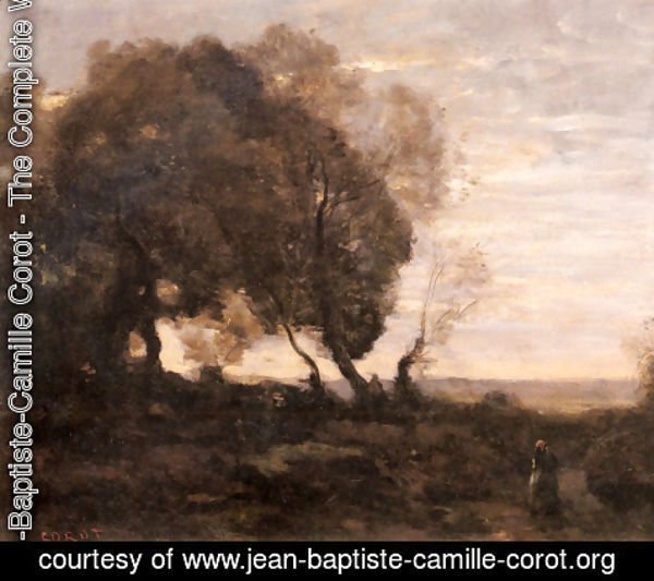 Jean-Baptiste-Camille Corot - Arbres Tordus Sur Une Crete (Soleil Couchant)