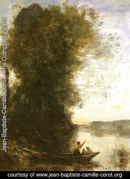 Jean-Baptiste-Camille Corot - Le Batelier Quittant La Rive Avec Une Femme Et Un Enfant Assis Dans Sa Barque, Soleil Couchant