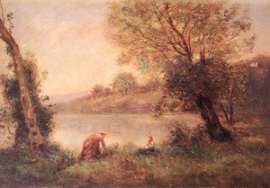 Jean-Baptiste-Camille Corot - Ville-D'avray - Paysanne Et Son Enfant Entre Deux Arbres Au Bord De L'etang