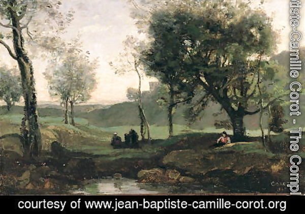 Jean-Baptiste-Camille Corot - Sunset- Figures Under Trees