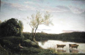 A Pond with three Cows and a Crescent Moon, c.1850