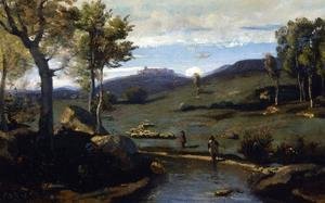 Jean-Baptiste-Camille Corot - Roman Countryside - Rocky Valley with a Herd of Pigs