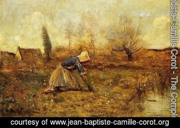 Jean-Baptiste-Camille Corot - Farmer Kneeling Picking Dandelions
