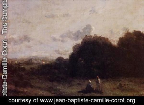 Jean-Baptiste-Camille Corot - Fields with a Village on the Horizon, Two Figures in the Foreground