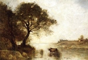 Jean-Baptiste-Camille Corot - A Ford with Large Trees