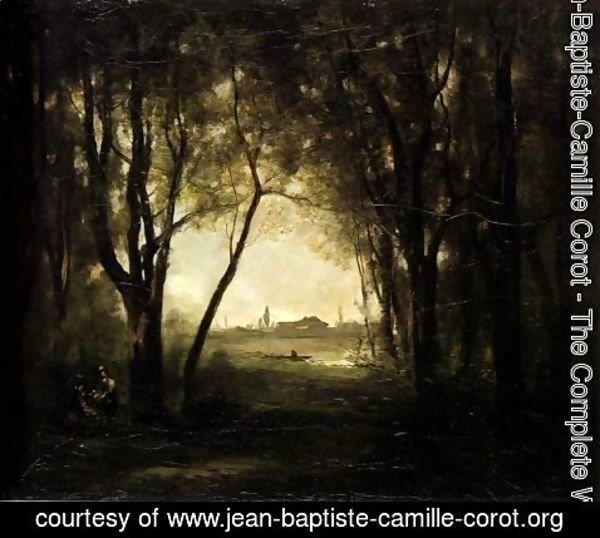 Jean-Baptiste-Camille Corot - Le Batelier Quittant La Rive Avec Une Femme Et Un Enfant Assis Dans Sa Barque, Soleil Couchant 2