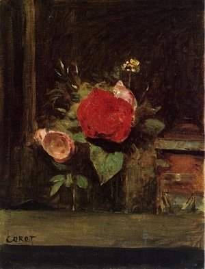 Jean-Baptiste-Camille Corot - Bouquet of Flowers in a Vase next to a Pot of Tobacco