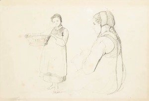 A girl holding a basket, and the same seated girl in profile to the left, half-length