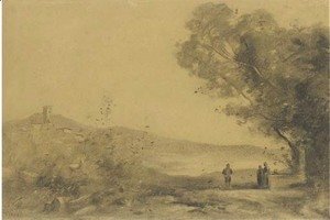 Jean-Baptiste-Camille Corot - A landscape with a hilltown in the background, three figures to the right