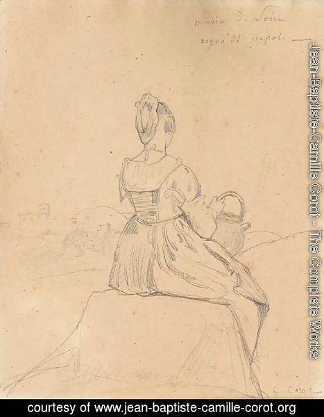 A seated girl seen from behind, a village in the background