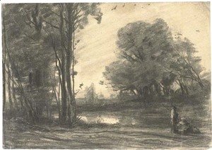A wooded river landscape with a man by a pond