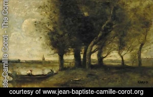 Jean-Baptiste-Camille Corot - Barque a la Rive, au pied d'un groupe d'arbres