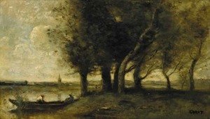 Jean-Baptiste-Camille Corot - Barque a la Rive, au pied d'un groupe d'arbres