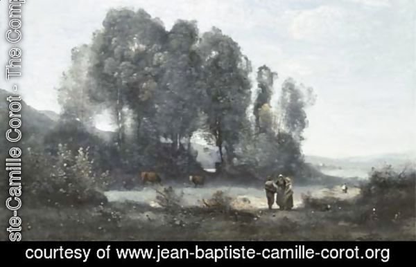 Jean-Baptiste-Camille Corot - Groupe d'arbres au bord d'un etang avec trois campagnards debout et deux vaches (environs de Ville d'Avray)