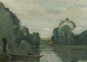 Jean-Baptiste-Camille Corot - Grez-Sur-Loing, Pecheur En Barque, Le Matin