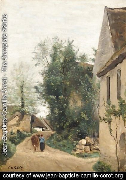 Jean-Baptiste-Camille Corot - Auvers, Une Rue De Village Avec Une Paysanne Et Sa Vache
