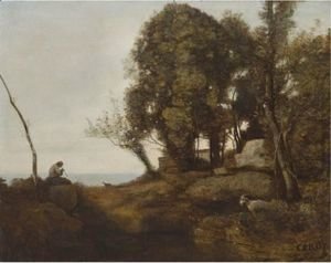 Jean-Baptiste-Camille Corot - Le Chevrier Assis Dans La Clairiere Sur Une Roche