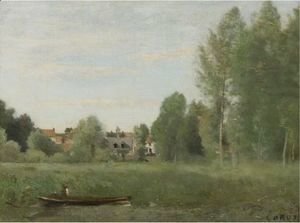 Jean-Baptiste-Camille Corot - Environs De Mantes, Petites Habitations Cachees Dans Les Arbes Pres Du Bord De L'Eau