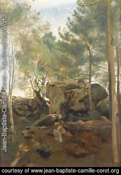 Jean-Baptiste-Camille Corot - Fontainebleau. Pins Et Bouleaux Dans Les Rochers