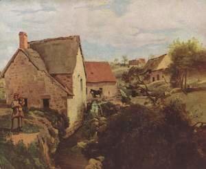Jean-Baptiste-Camille Corot - Cabins with Mill on the River Bank